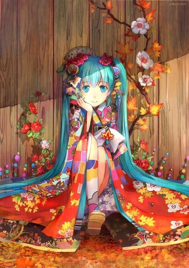 Anime girl tóc xanh mặc kimono cực xinh đẹp